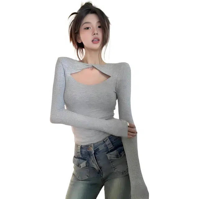 纤丝鸟 小心机简约设计紧身修身短款辣妹上衣针织衫 女款