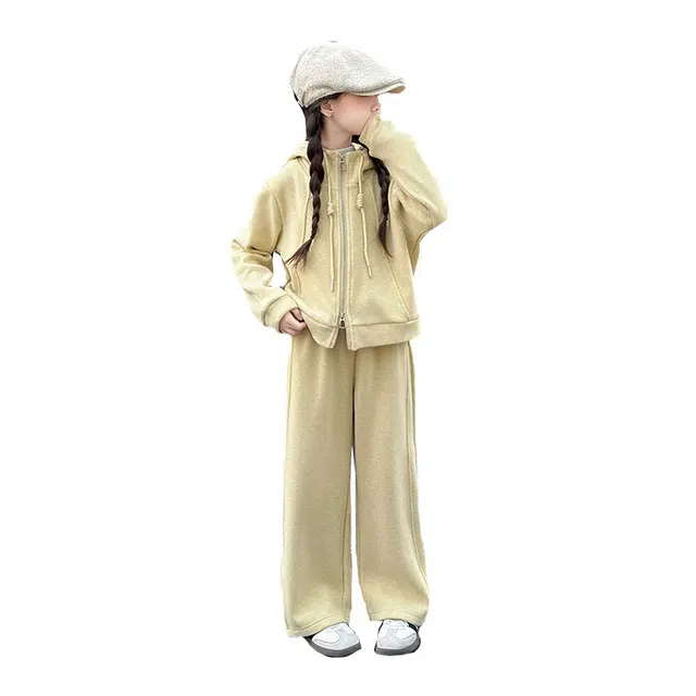 帕兰朵休闲运动套装 女童时尚舒适甜美纯色秋冬季小女孩宽松显瘦连帽外套阔腿裤两件套潮 青少年