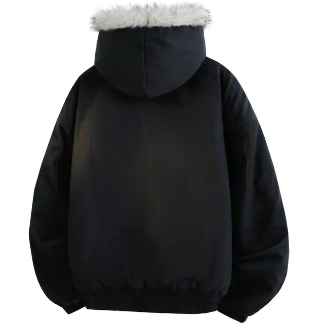 稻草人 美式高街品牌艺术英文字母印花座山雕毛领仿狐狸毛休闲宽松纯色加厚短款夹克高级感连帽保暖舒适百搭长袖飞行外套棉服 男女同款