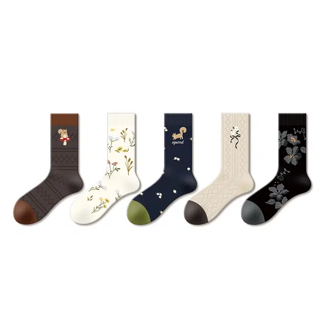 江狗 文艺袜子女春秋中筒袜复古花卉无骨堆堆袜 男女同款
