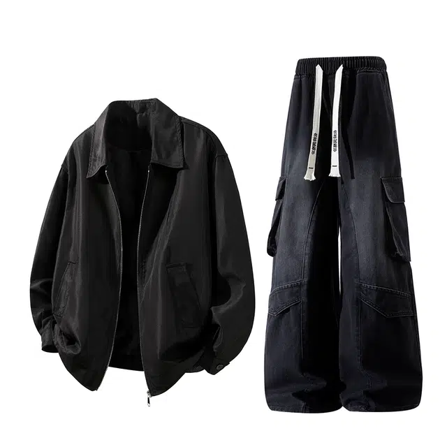 梓润格 时尚夹克经典港风宽松简约潮流酷飒无性别主义户外个性舒适氛围炸街高级设计口袋工装牛仔裤美式阔腿裤休闲运动套装 男女同款