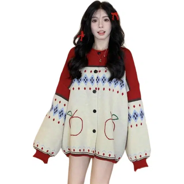 纤丝鸟 复古风格简约宽松提花刺绣拼色设计慵懒上衣针织衫 女款