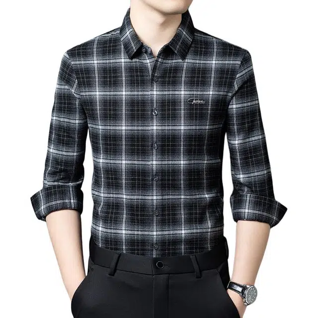 卡丹狄诺 磨毛刺绣格子男士长袖秋冬季休闲纯色百搭款衬衫 男款