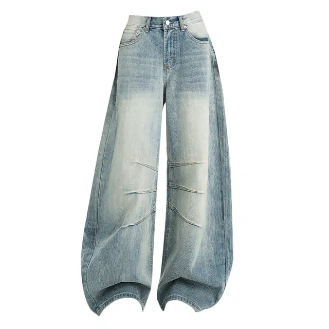 拾籍 复古设计水洗工艺时尚潮流竹节纹褶皱廊形百搭舒适宽松显瘦显腿长弯刀阔腿牛仔裤 女款