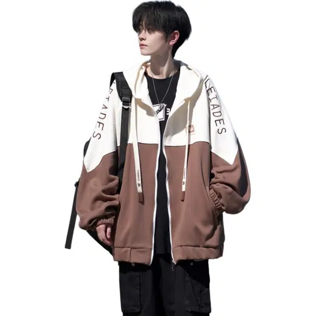 洋气先生 美式复古高街时尚潮流百搭学院风上下拼接字母印花日常通勤休闲皆可简约基础款潮牌透气舒适柔软慵懒氛围感连帽卫衣夹克 男女同款