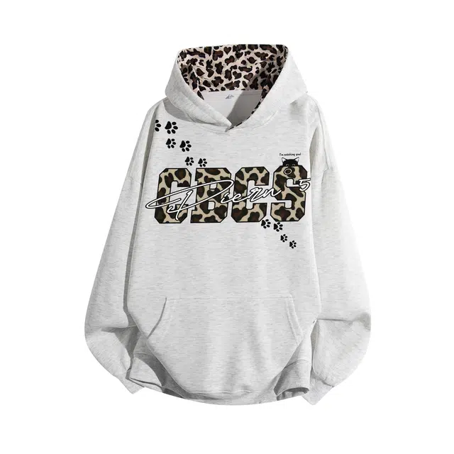 草本初色 轻奢复古豹纹拼接猫爪字母印花设计小众高级落肩百搭日常通勤休闲宽松舒适亲肤创意个性痞帅情侣学院风套头连帽卫衣 男女同款