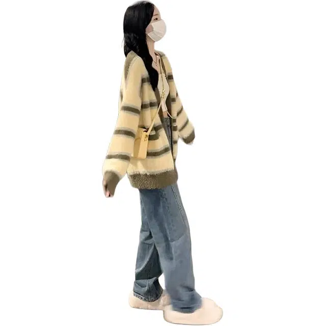 纤丝鸟 学院风开衫外套女条纹宽松拼色外搭韩系长袖上衣针织衫 女款