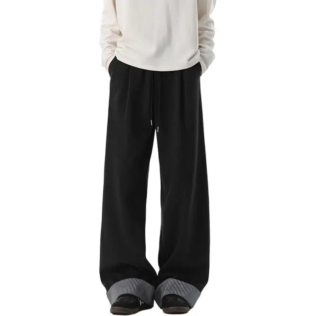 加荣 美式设计感条纹卷边休闲裤男秋季潮流垂感阔腿裤男士宽松慵懒感直筒裤男生简约抽绳松紧腰运动卫裤男款纯色基础款长裤 男女同款