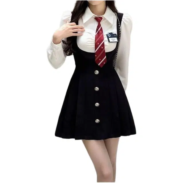 纤丝鸟 美式假两件甜辣学院风收腰显瘦连衣裙女长袖衬衫裙装套装 女款