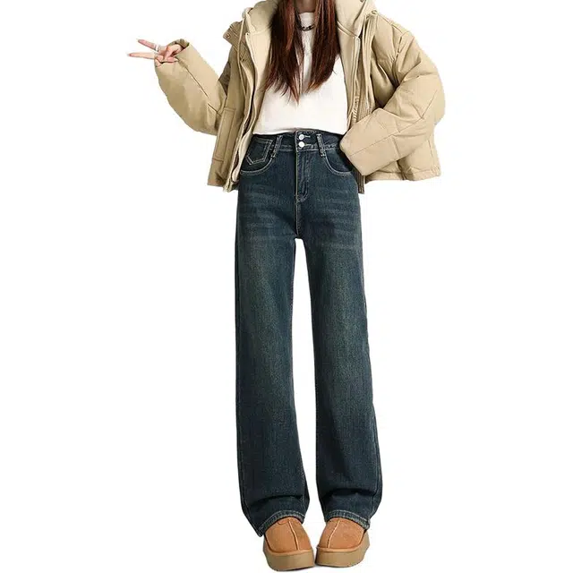 如续 美式复古加绒加厚秋冬超柔弹力直筒高腰修身宽松显瘦提臀百搭阔腿牛仔裤 女款