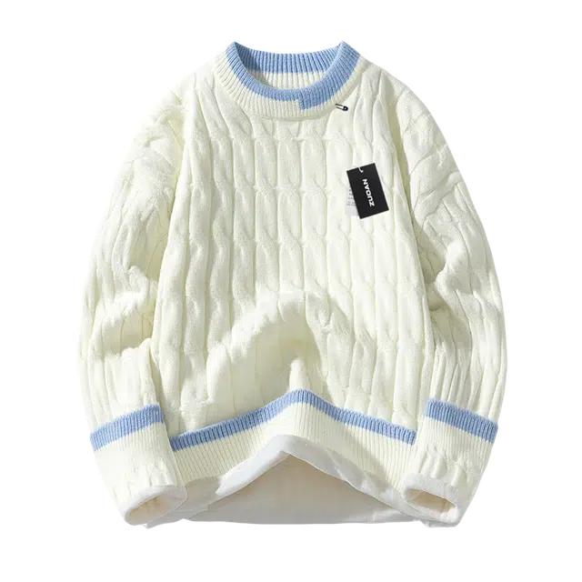 左岸 加绒加厚青少年港风潮牌撞色拼接休闲时尚宽松简约高级感春秋上衣设计感提花肌理秋冬保暖内搭打底衫针织衫 男款