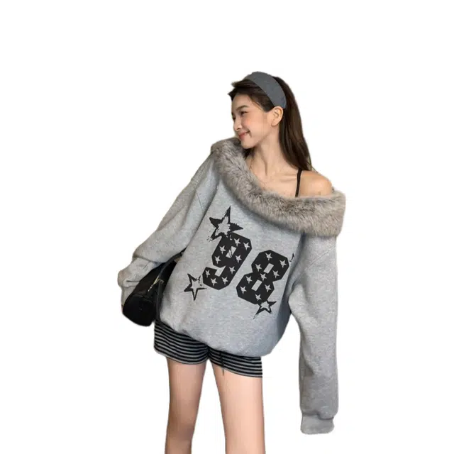 苏九儿 慵懒风字母印花气质斜肩长袖宽松百搭休闲卫衣 女款