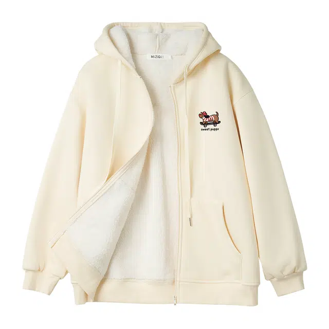 米子旗 羊羔毛连帽冬季宽松型通勤风小个子百搭加绒加厚卫衣 女款