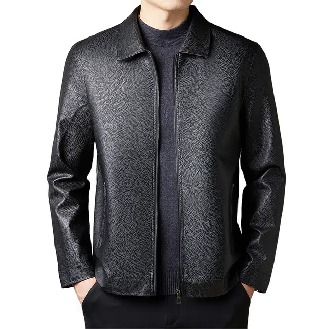 卡丹狄诺 男士荔枝纹翻领皮夹克男秋冬季经典时尚外套男休闲中年行政商务防风保暖皮衣 男款