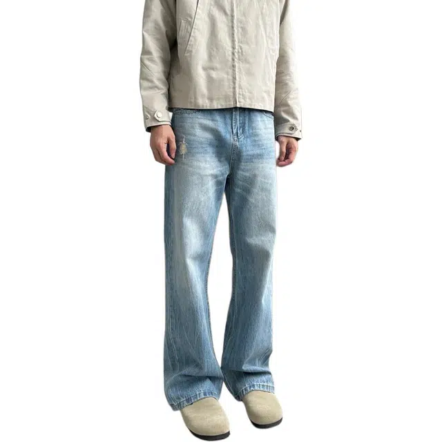 潮人榜 美式闪电裂纹水洗蓝复古做旧秋季百搭潮牌宽松阔腿休闲直筒微喇叭磨破洞牛仔裤 男女同款