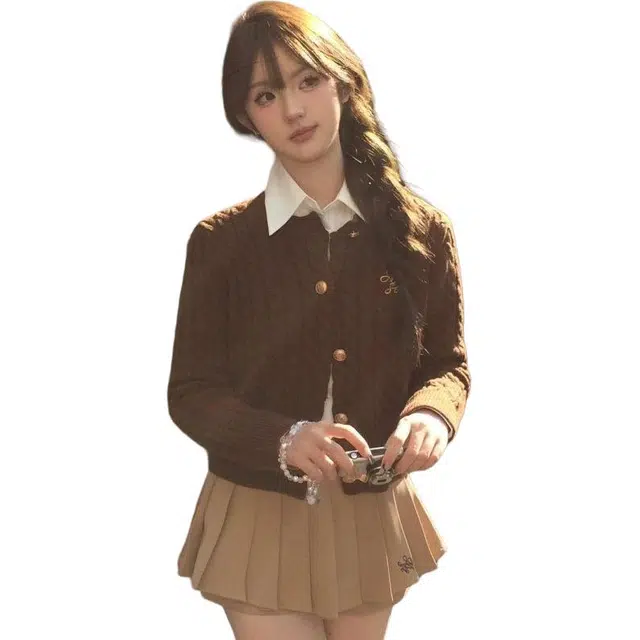 纤丝鸟 小个子洋气减龄复古开衫时尚女外穿针织衫裙子两件套裙装套装 女款