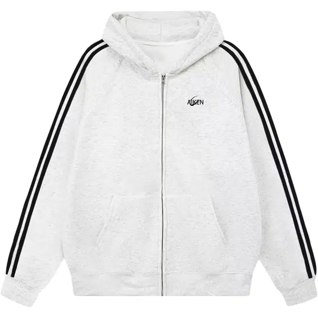 爱肯 学院风简约拼接条纹字母休闲百搭宽松插肩连帽开衫卫衣 男女同款