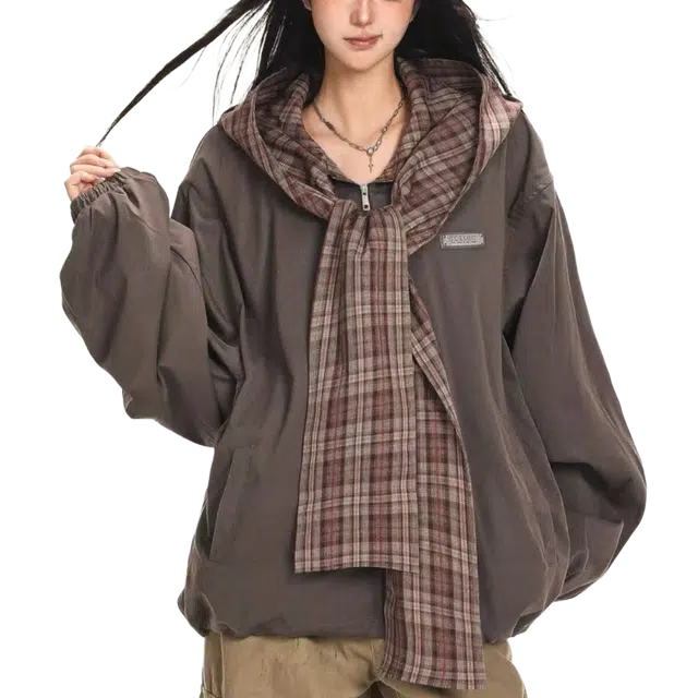 一碗士多  格子拼接围巾披肩撞色小众个性化高级感设计无性别主义宽松休闲舒适百搭情侣日常城市户外通勤学院风棒球服 男女同款