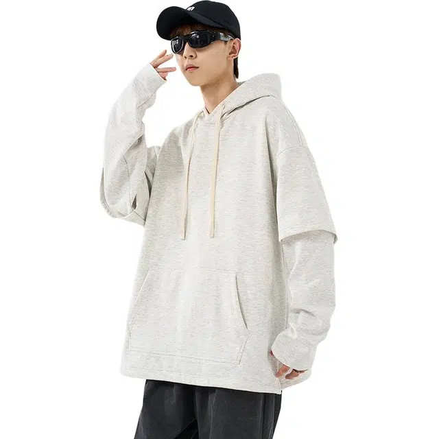 洋气先生 美式复古高街时尚潮流百搭学院风假两件结构日常通勤休闲简约纯色基础款潮牌透气舒适柔软慵懒氛围感连帽加绒卫衣 男女同款