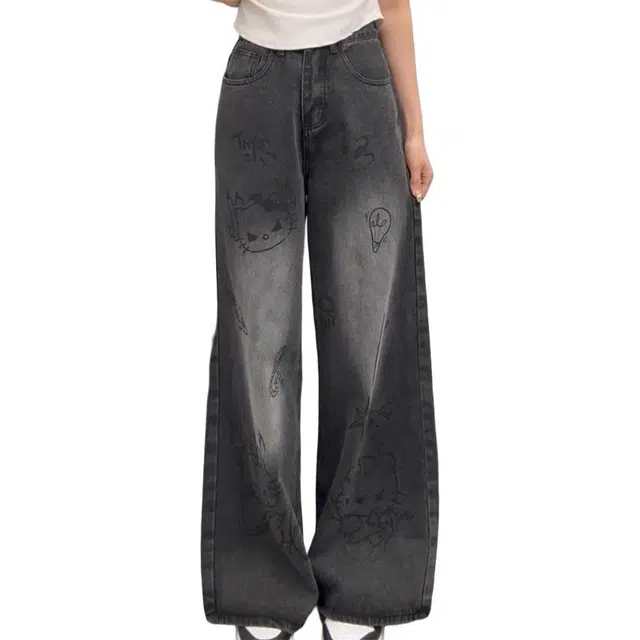 宝米卡 涂鸦美式复古印花直筒做旧水洗拖地阔腿长裤牛仔裤 男女同款