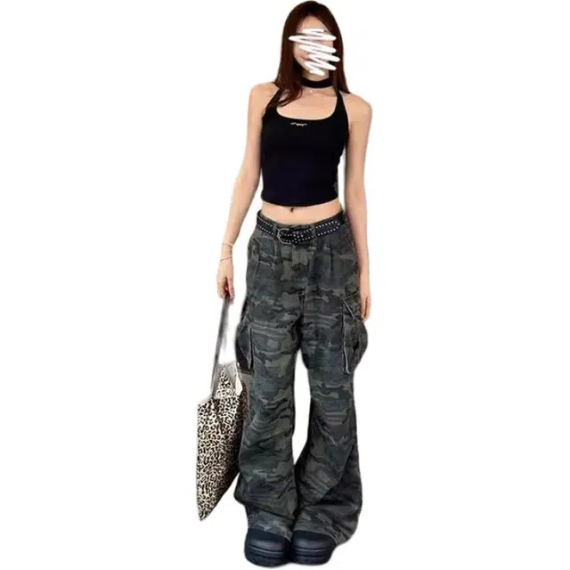 宝米卡 美式高街大口袋迷彩工装裤女潮牌街头宽松直筒阔腿伞兵拖地长裤子牛仔裤 男女同款