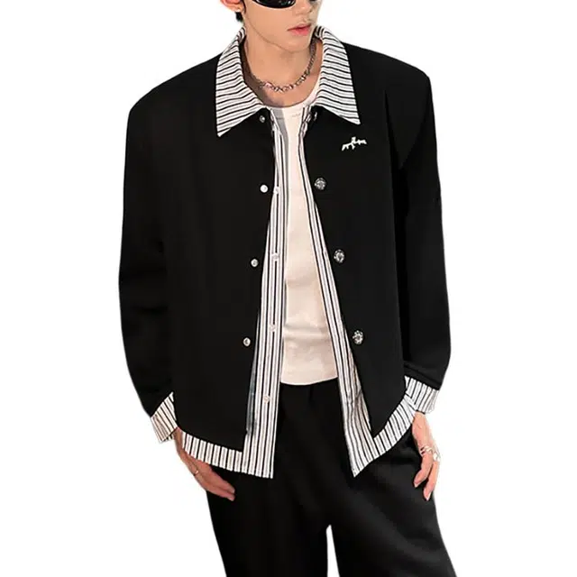 冈哉 美式垫肩款假两件条纹金属夹克开衫外套痞帅个性潮牌慵懒感学院日常通勤柔软舒适卫衣 男女同款