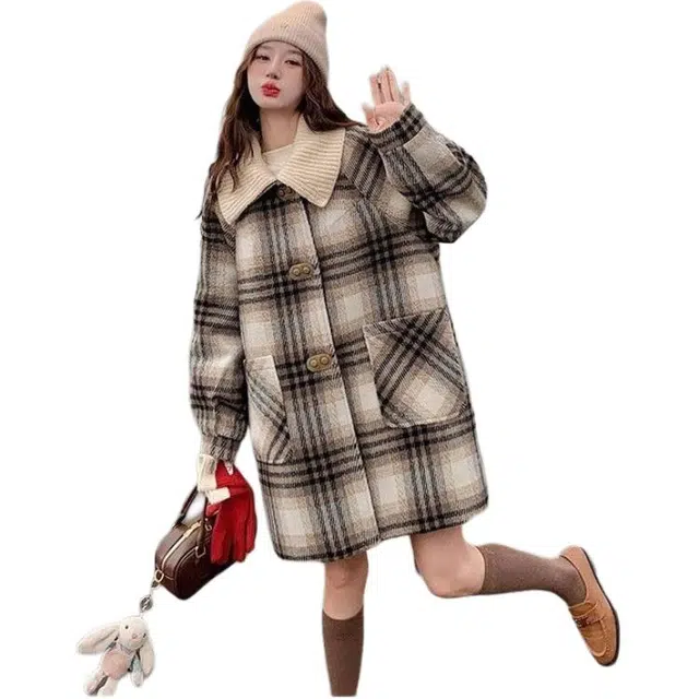 纤丝鸟 设计感格子服时尚翻领中长款保暖上衣外套棉服 女款