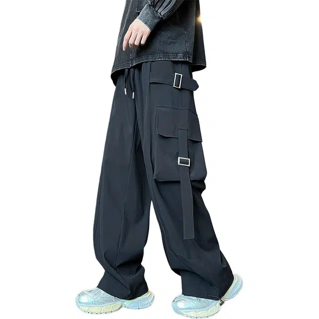 洋气先生 美式高街复古绑带带扣小众设计感时尚潮流帅气百搭宽松工装阔腿垂感松紧中腰系带直筒显高显瘦氛围感重工休闲裤 男女同款