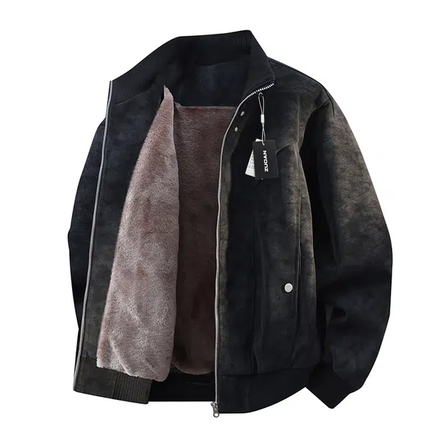 左岸 加绒加厚夹克港风时尚潮牌百搭拉链开衫立领上衣休闲宽松加肥加大码秋冬防风保暖棉袄外套皮衣 男款