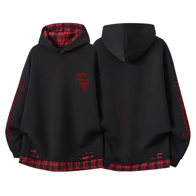 草本初色 美式潮流复古高街撞色拼接格子假两件创意格纹设计感艺术字花体印花简约百搭透气舒适柔软秋季学连帽拉链开衫卫衣 男女同款