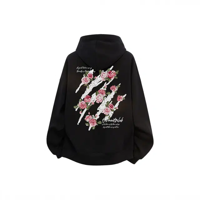 海底小纵队 美式高街休闲品牌字母绣花玫瑰花卉印花宽松落肩上衣时尚长袖潮牌运动舒适嘻哈学院风学生百搭简约连帽无绳国潮卫衣 男女同款