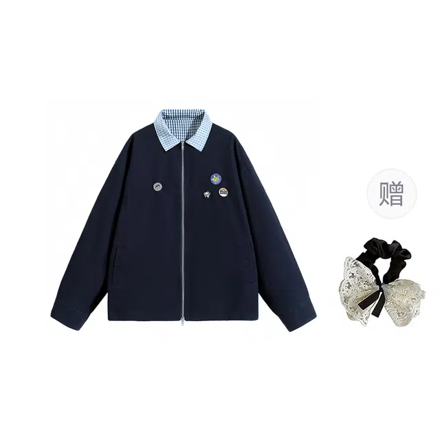 涂诗菲 美式复古高街时尚休闲简约翻领高级感通勤百搭舒适宽松情侣装两面穿外套夹克 女款