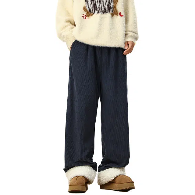 艾梵斯贝 美式复古潮流经典简约纯色灯芯绒加绒加厚质感无性别学院风日常通勤百搭宽松时尚高级感个性街头情侣款休闲裤 男女同款