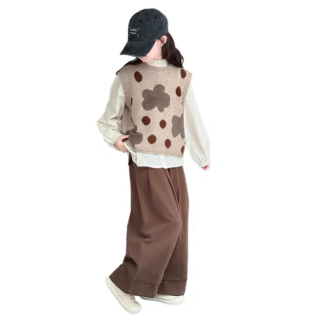 帕兰朵休闲运动套装 女童时尚潮流百搭韩系简约春秋季洋气慵懒圆点针织马甲三件套 青少年