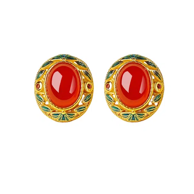 茂琼 吉祥如意顺风顺水福气满满万事如意新中式古风复古古典宫廷风格饰品红宝石耳饰时尚百搭高级首饰品 玛瑙 玉髓耳钉 女款