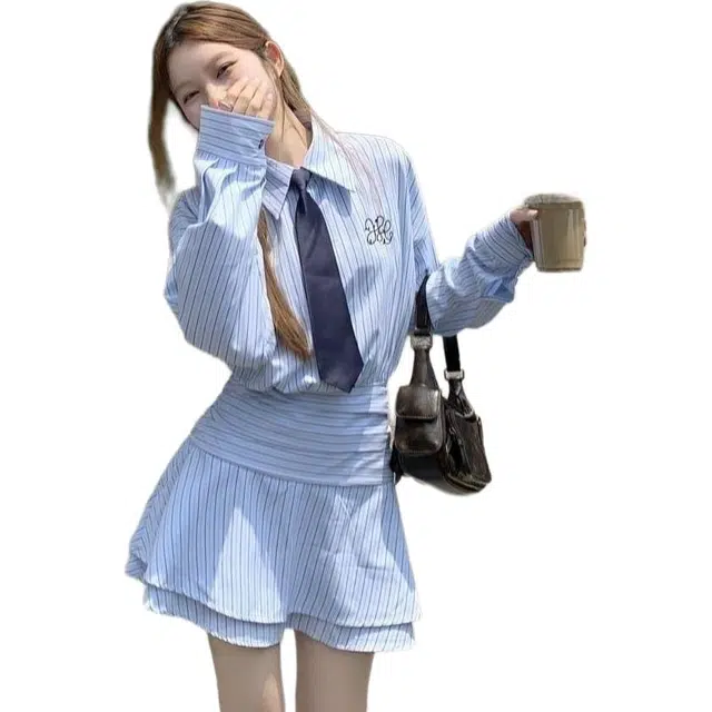 纤丝鸟 学院风韩版条纹长袖衬衫上衣高腰半身裙装套装 女款