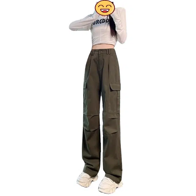 邦固依品 美式工装裤女春秋高腰宽松直筒裤小个子运动阔腿裤休闲裤 女款