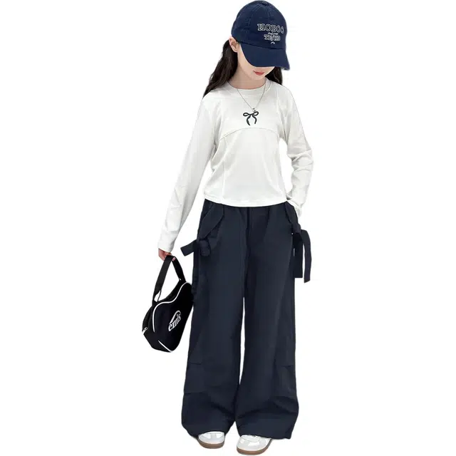 黑恐龙休闲运动套装 儿童洋气打底衫女大童时髦阔腿工装裤