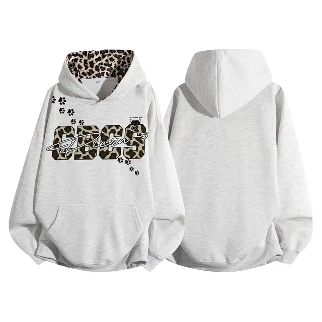 草本初色 轻奢复古豹纹拼接猫爪字母印花设计小众高级落肩百搭日常通勤休闲宽松舒适亲肤创意个性痞帅情侣学院风套头连帽卫衣 男女同款