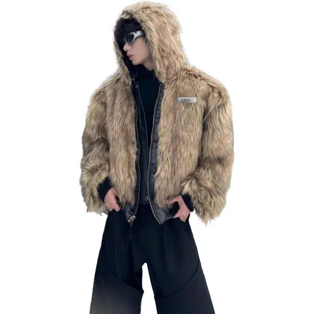 艾梵斯贝 美式风格潮流双面穿座山雕皮衣仿貂毛小众设计款无性别日常通勤百搭宽松休闲时尚高级感个性高街风廓形连帽夹克 男女同款