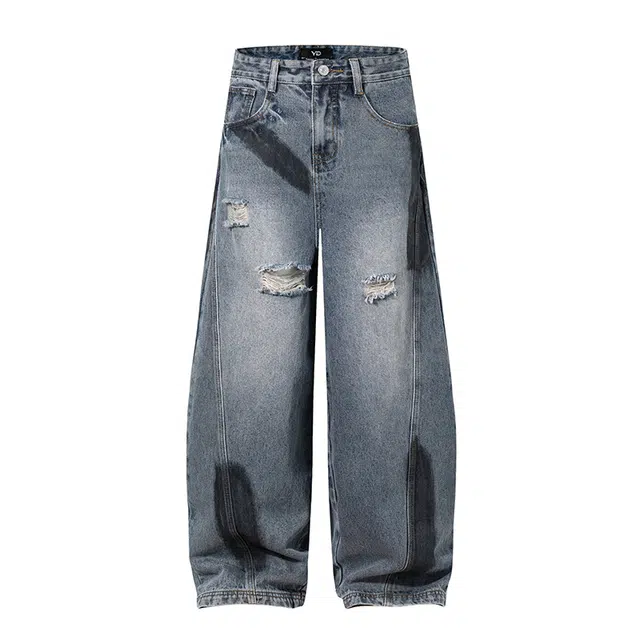 八哥 美式复古高街基础款拼接撞色破洞水洗做旧设计感潮流时尚显瘦显高弯刀裤日常通勤百搭垂感舒适柔软长裤牛仔裤 男女同款
