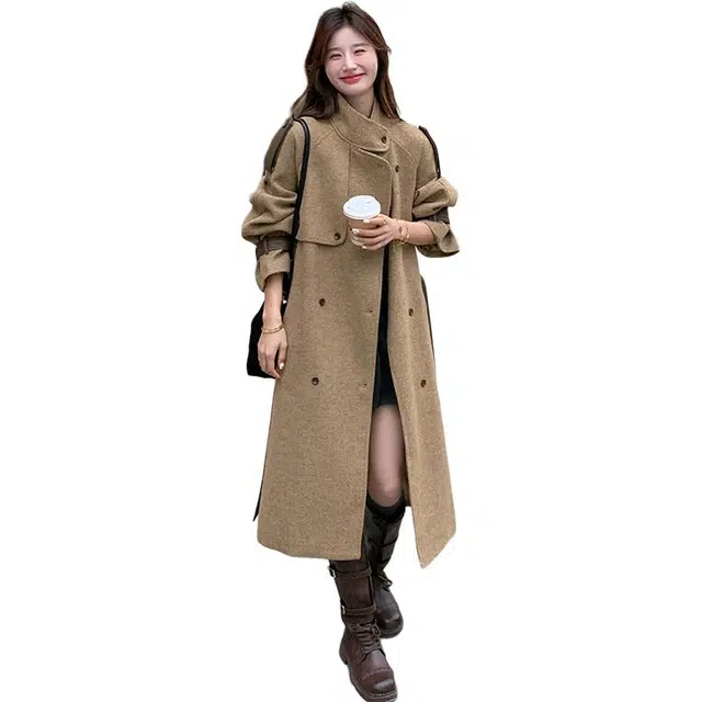 稻草人 韩系休闲气质感双排扣洋气立领中长款上衣大衣 女款