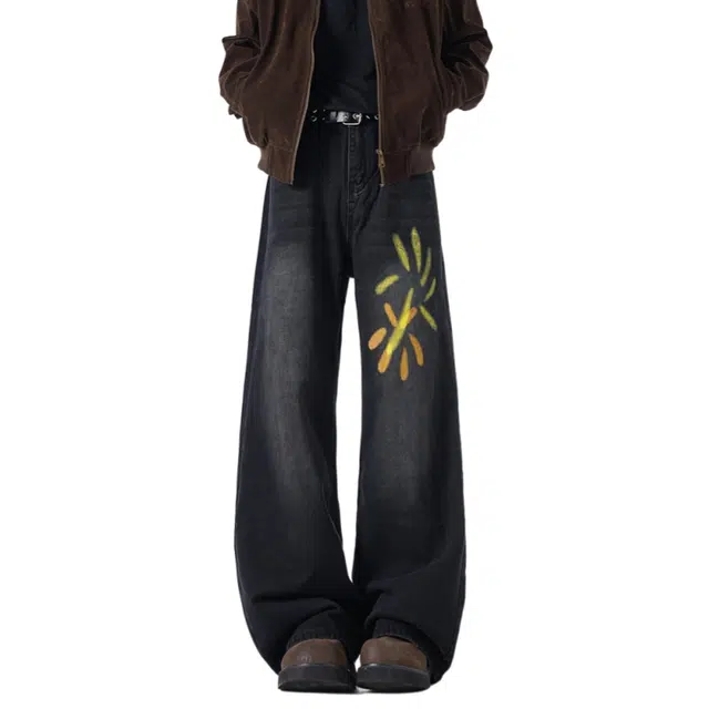 加荣 秋季手绘油漆牛仔裤男美式复古宽松百搭直筒裤男设计感小众弯刀裤时尚潮流拖地裤男款青少年酷帅男装裤子穿搭舒适长裤 男女同款