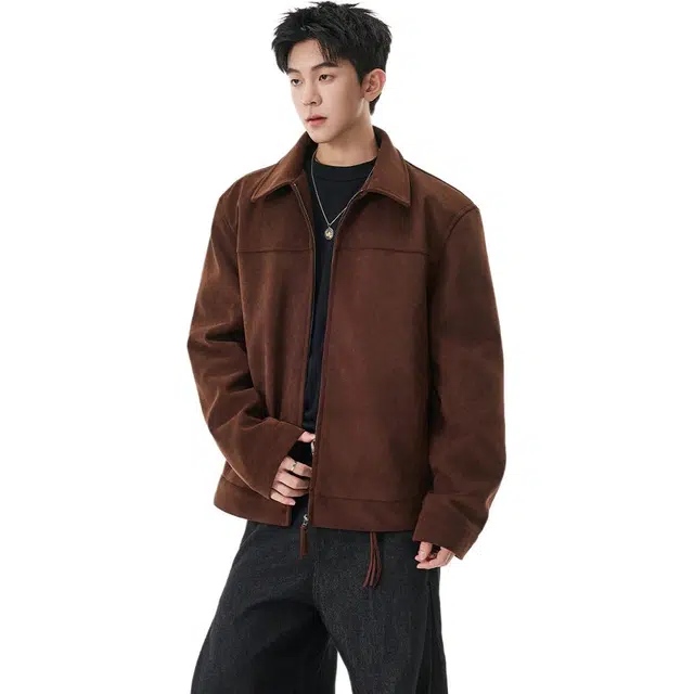 拓菲 美式仿麂皮翻领男款磨砂高级感上衣复古秋冬外套夹克 男女同款