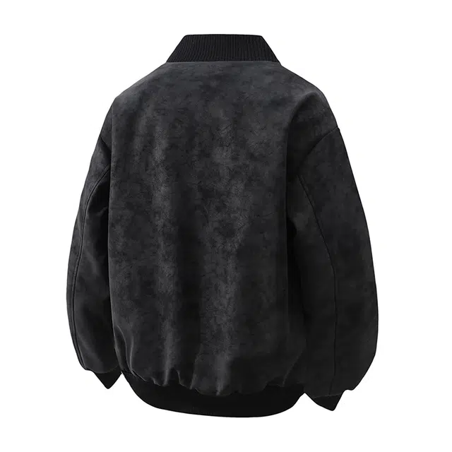 左岸 加绒加厚夹克港风时尚潮牌百搭拉链开衫立领上衣休闲宽松加肥加大码秋冬防风保暖棉袄外套皮衣 男款