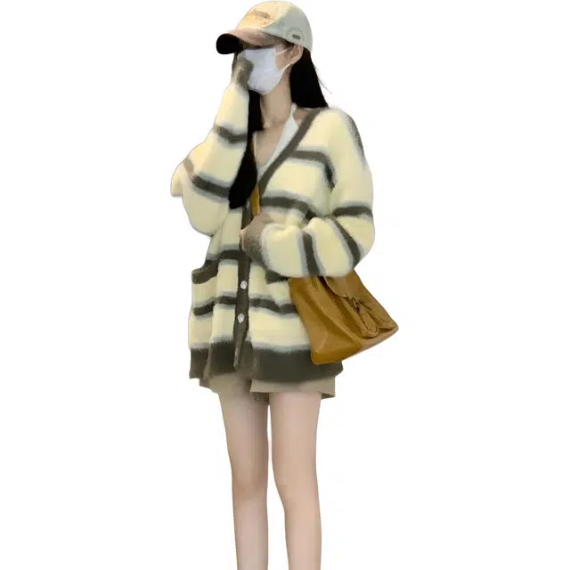 纤丝鸟 开衫外套女条纹学院风宽松拼色外搭韩系长袖上衣针织衫 女款