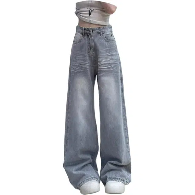 如续 美式复古水洗做旧压痕纹理设计感直筒宽松长裤潮流休闲舒适百搭垂感牛仔裤 女款