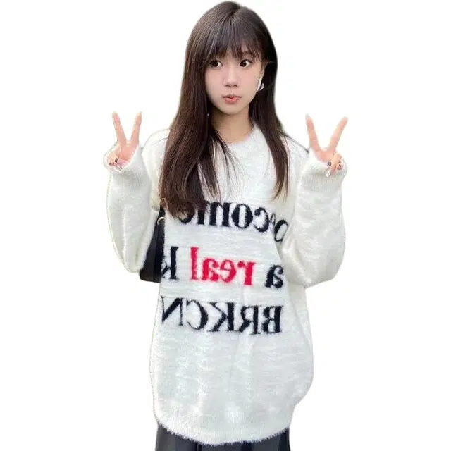 纤丝鸟 个性潮牌宽松长袖衫女韩版软糯提花毛上衣学生针织衫 女款