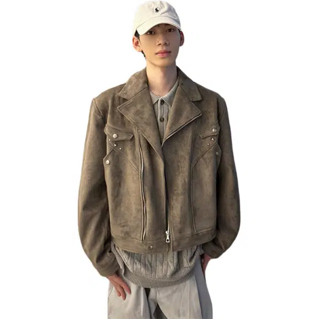 单爵 美式复古麂皮衣外套男秋春短款铆钉飞行员机车夹克 男女同款