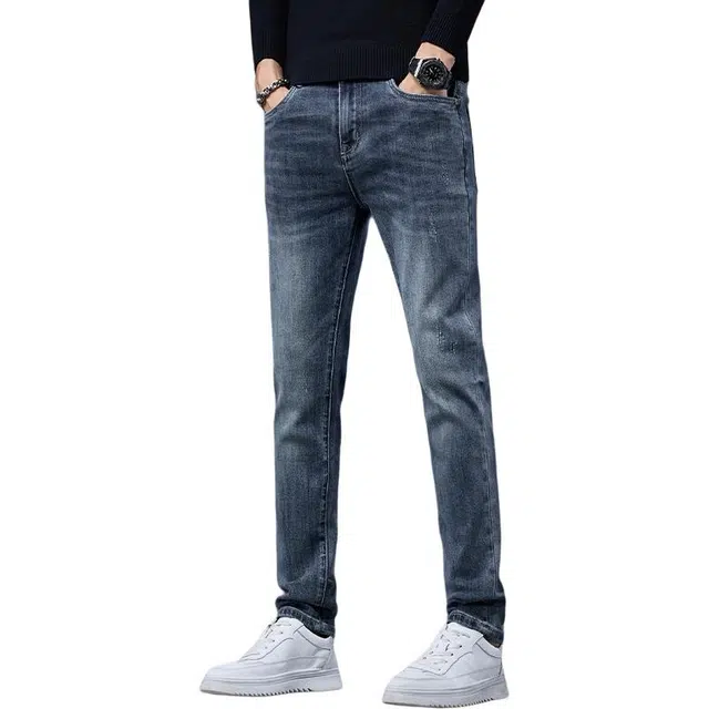 潮人榜 秋冬季美式潮牌高品质复古痞帅修身小直筒男士长裤子韩版潮流百搭休闲弹力显高显瘦轻商务高端牛仔裤 男款